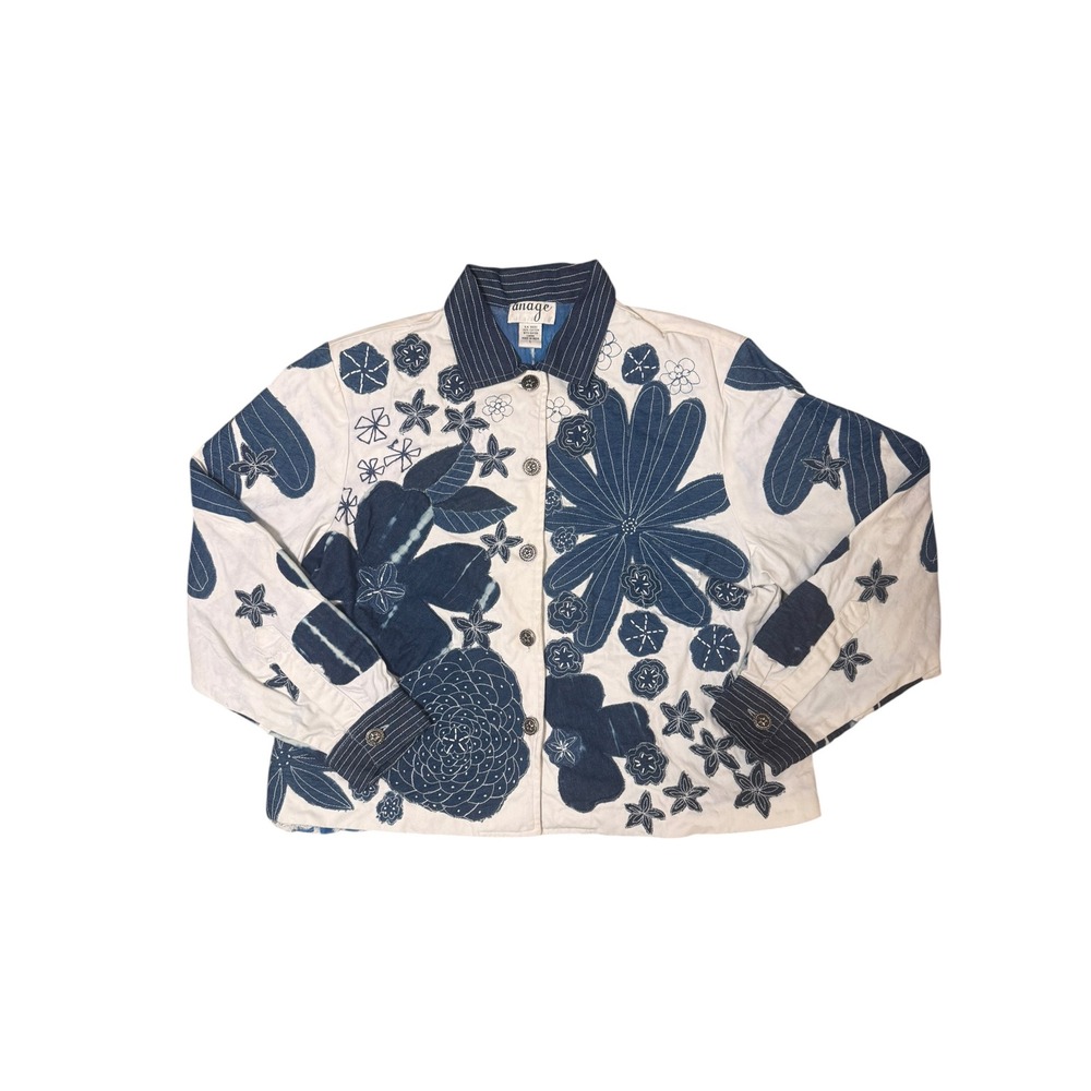 Anage Blue White Floral Applique Cotton Jacket Star Buttons Vintage Style L